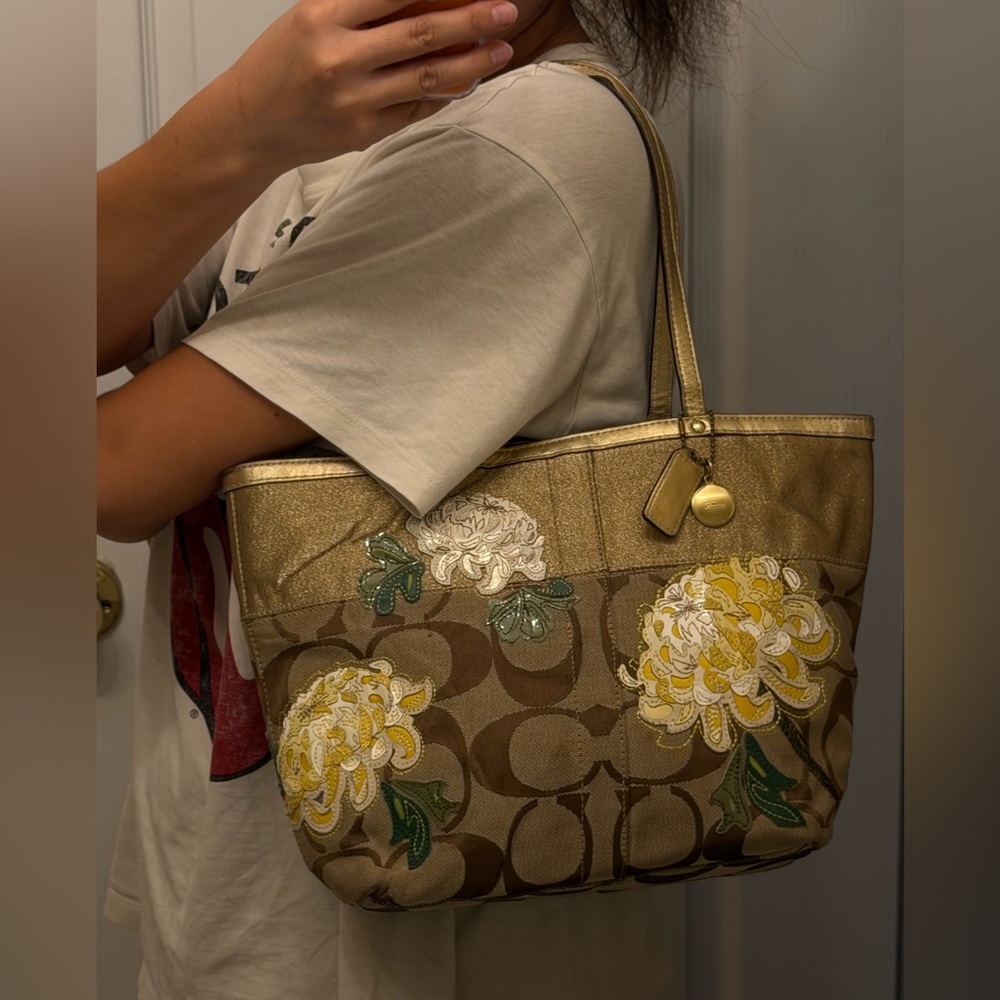 Coach 12204 Signature Stripe Floral Monogram Tote Purse in Khaki-Brown Jacquard - Picture 9 of 12